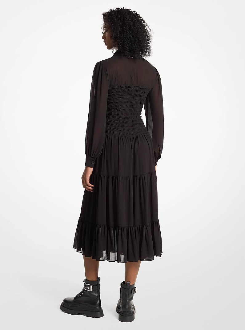 Smocked Georgette Shirtdress in BLACK | Michael Kors