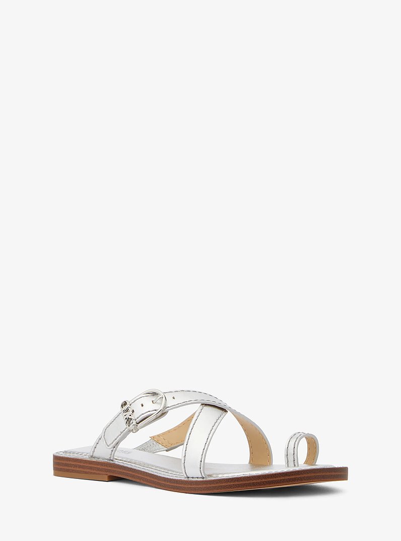 Ashton Metallic Leather Flat Sandal in SILVER | Michael Kors