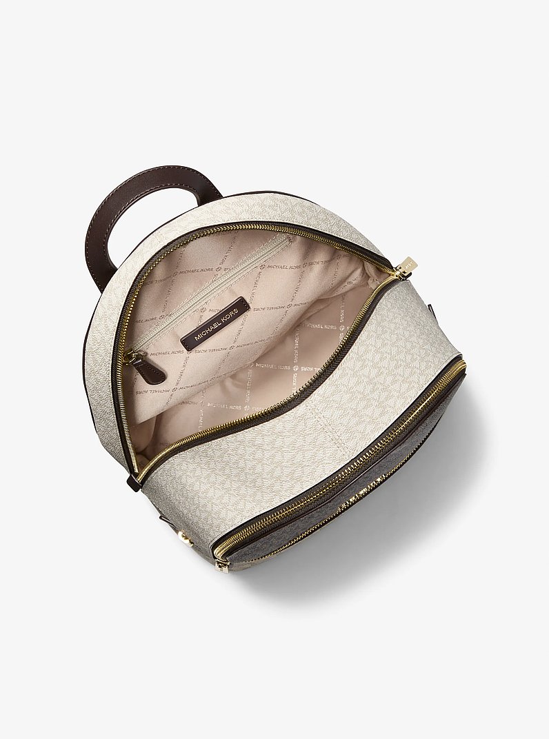 Rhea Medium Metallic Signature Logo Backpack in BROWN | Michael Kors