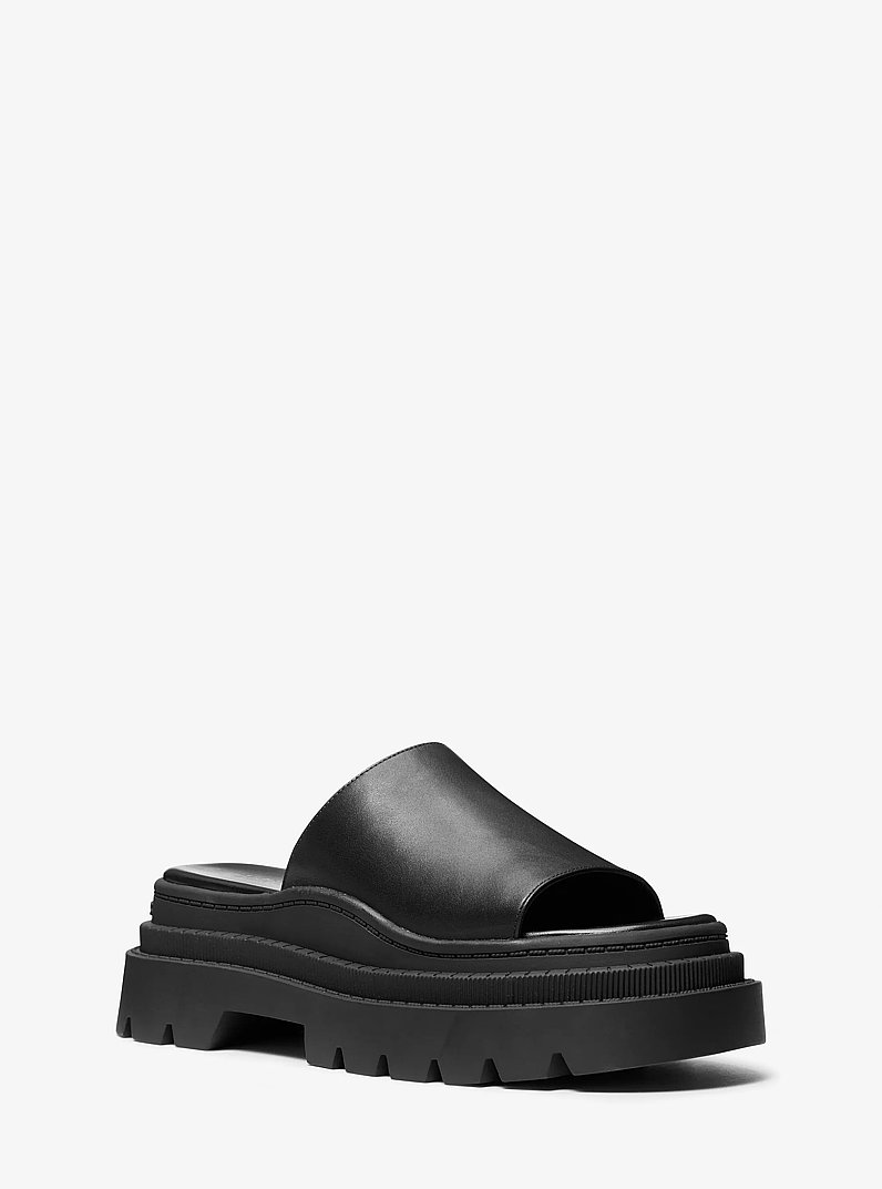 Kendra Leather Platform Slide Sandal in BLACK | Michael Kors