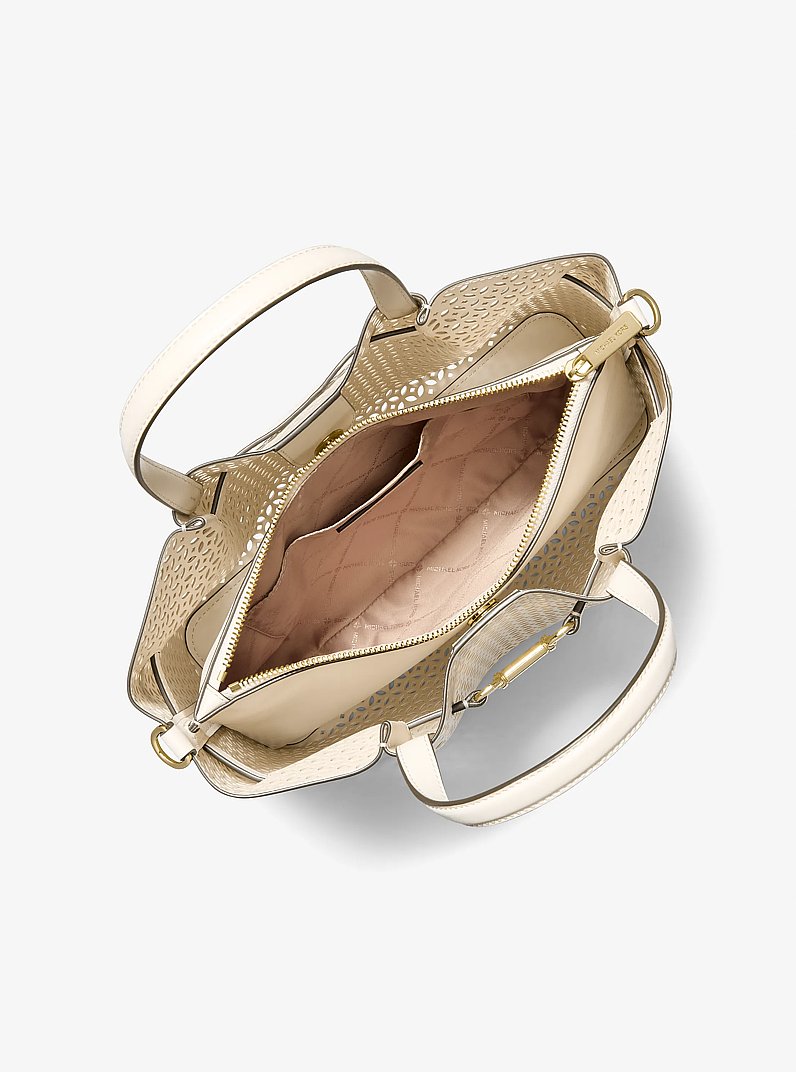 Carson Medium Floral Laser Cut Satchel in LT CREAM | Michael Kors