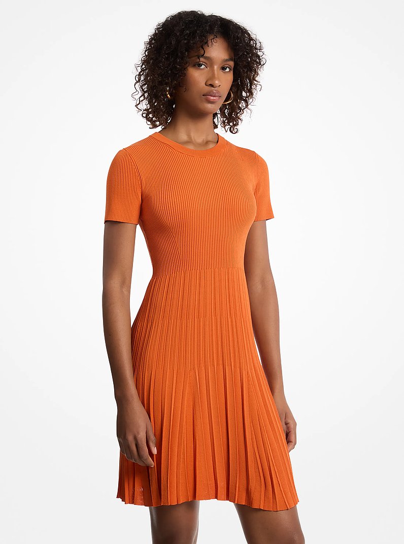 Ribbed Knit Short-Sleeve Dress in LORANGE | Michael Kors