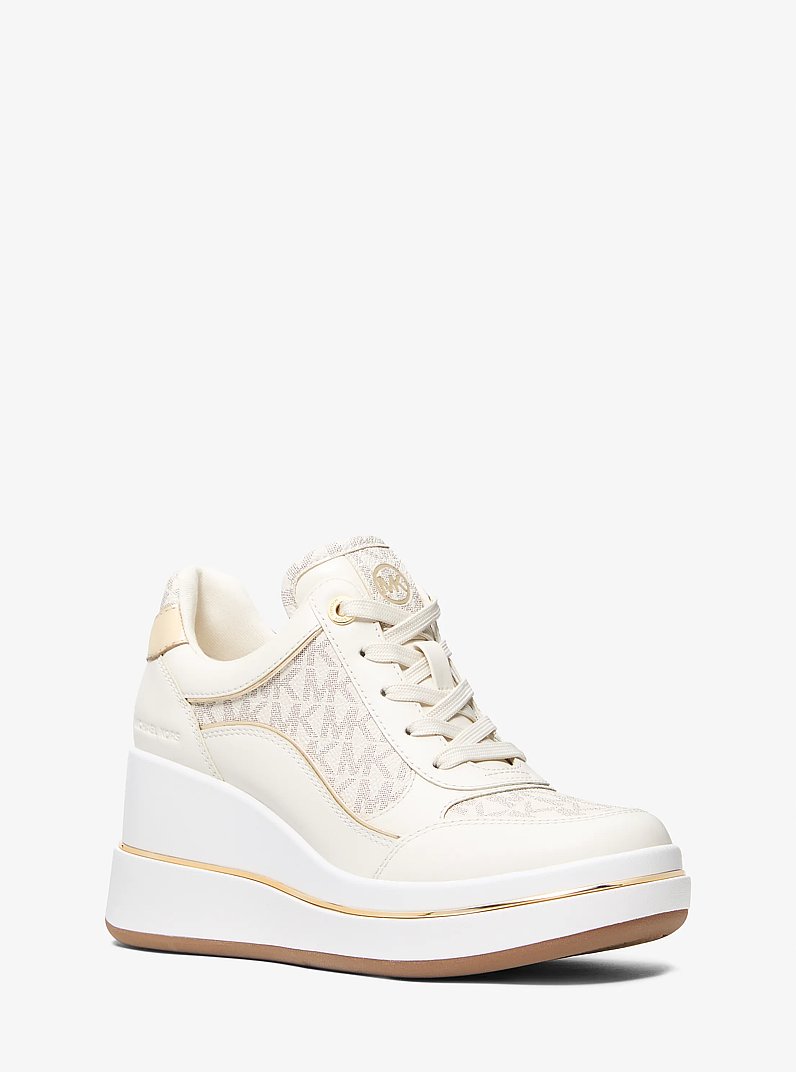 Emmy Signature Logo and Leather Wedge Trainer in VANILLA | Michael Kors