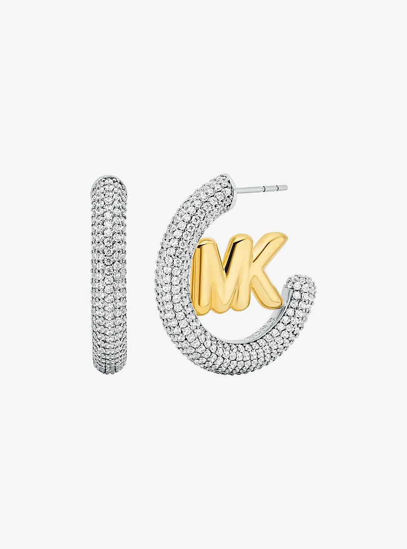 Large Pav&eacute; Logo Charm Two-Tone Hoop Earrings in TWO TONE | Michael Kors