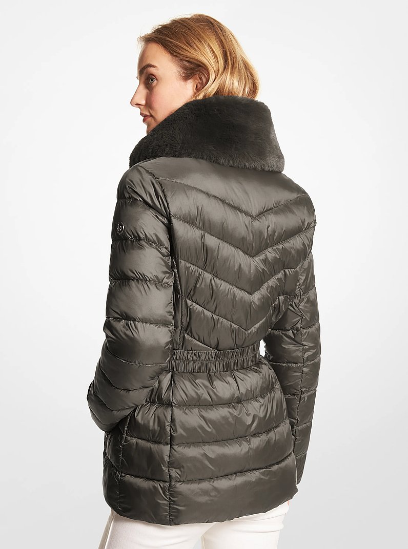 Faux Fur Trim Quilted Nylon Packable Puffer Jacket in OLIVE COMBO | Michael Kors