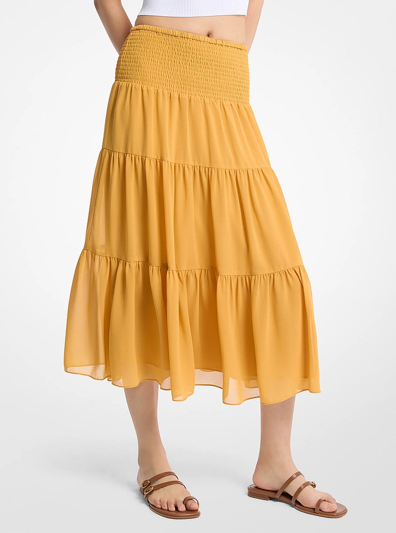 Smocked Georgette Tiered Skirt in HONEYWHEAT | Michael Kors