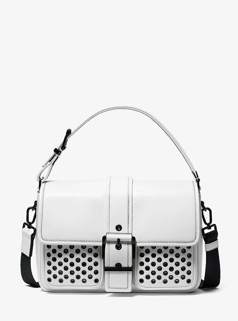 Colby Medium Grommeted Leather Messenger Bag in OPTIC WHITE/BLK | Michael Kors