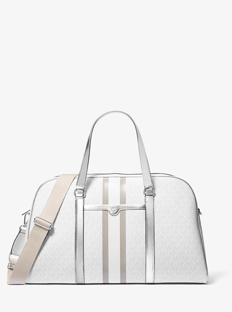 Jet Set Travel Extra-Large Striped Metallic Signature Logo Weekender Bag in OPTIC WHITE | Michael Kors
