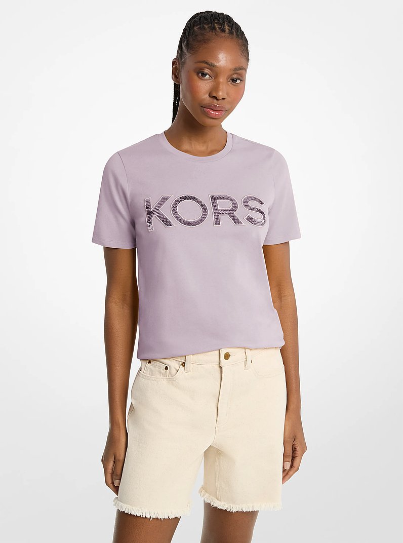Sequined Logo Cotton T-Shirt in LILAC | Michael Kors