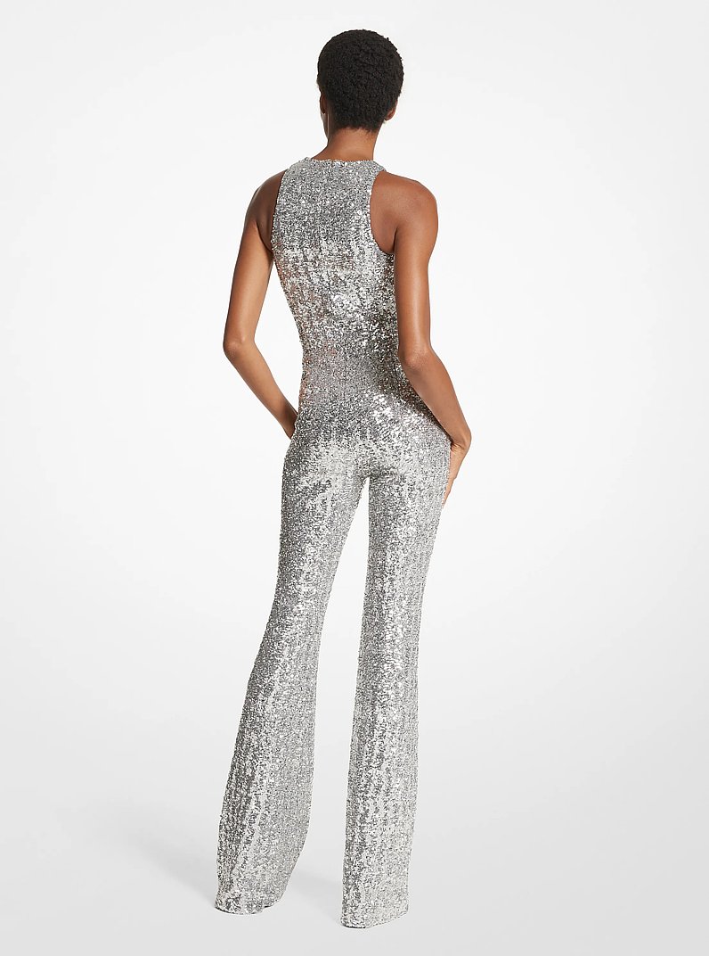 Sequined Stretch Tulle Flared Leg Jumpsuit in SILVER | Michael Kors
