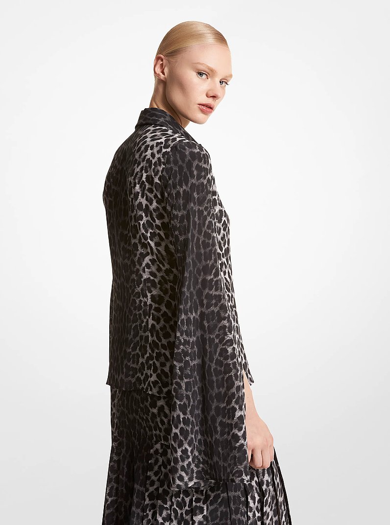 Leopard Silk Crepe De Chine Slit-Sleeve Shirt in GRAPHITE MUL | Michael Kors