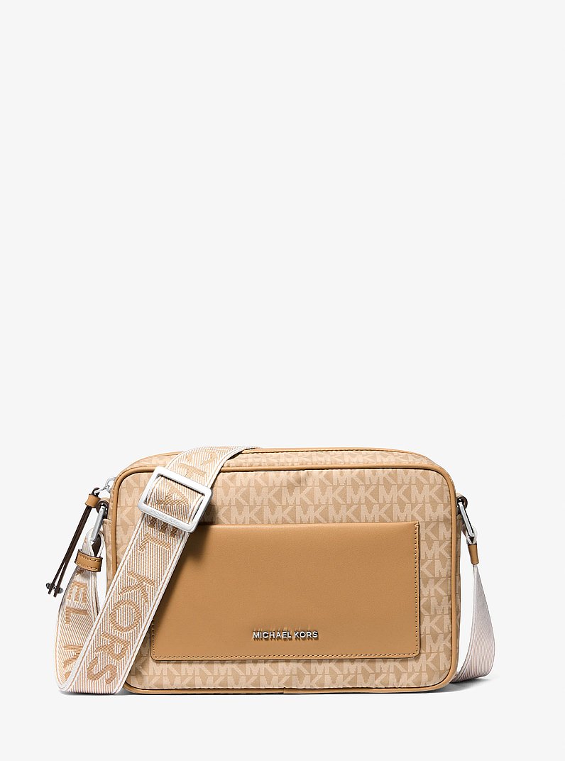 Jet Set Large Signature Logo Print Woven Crossbody Bag in PEANUT | Michael Kors