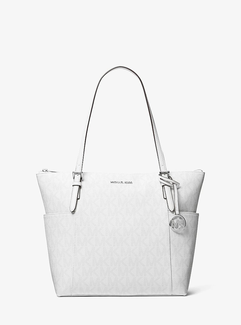 Shopper Jet Set Medium mit Signature-Logomuster und Rei&szlig;verschluss an der Oberseite in OPTIC WHITE/ALUMINIUM | Michael Kors