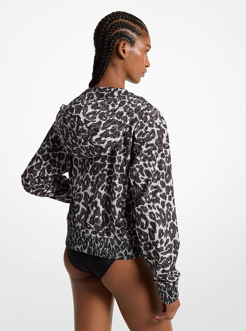 Leopard Logo Print Woven Zip-Up Hoodie in ALUMINUM | Michael Kors