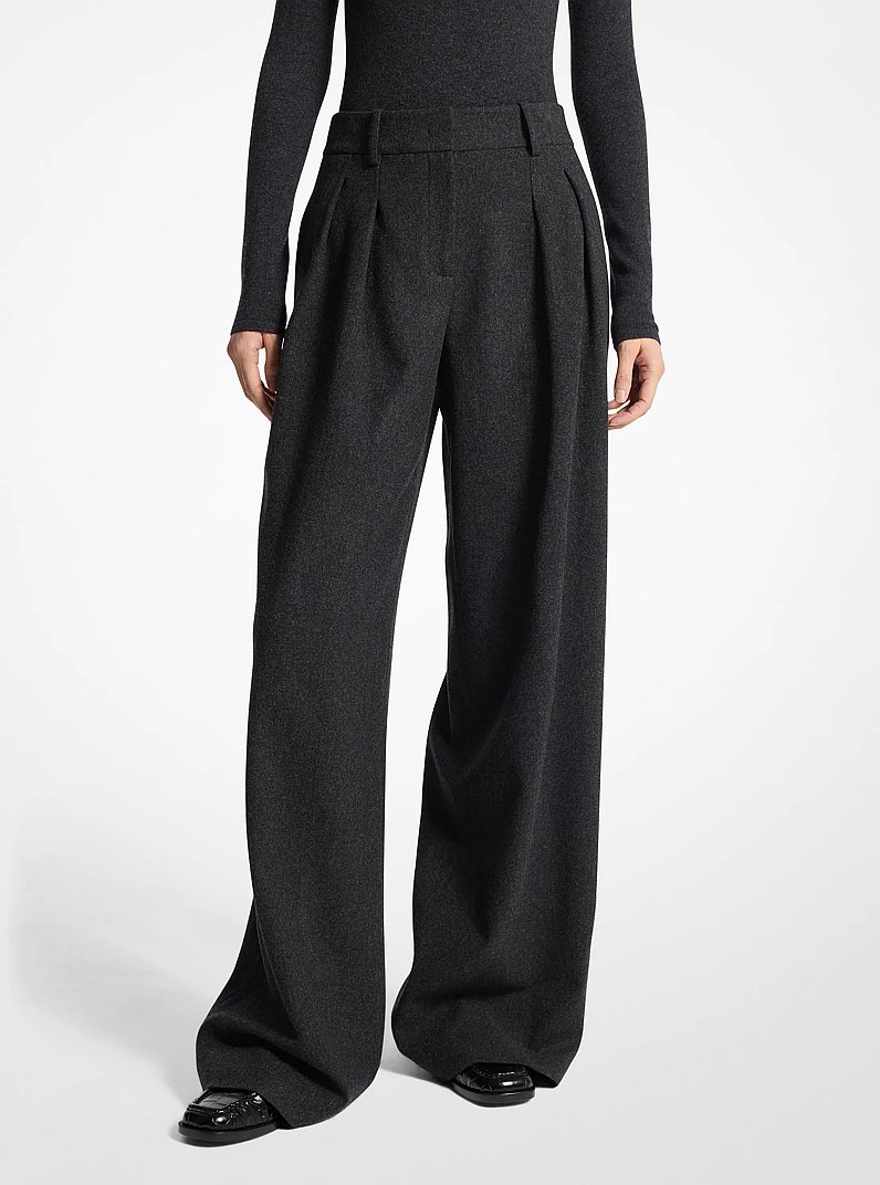 Wool Flannel Pleated Wide-Leg Trousers in CHARCOAL | Michael Kors