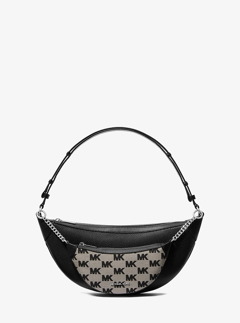 Hollis Medium 2-in-1 Pebbled Leather and Logo Jacquard Shoulder Bag in BLACK | Michael Kors