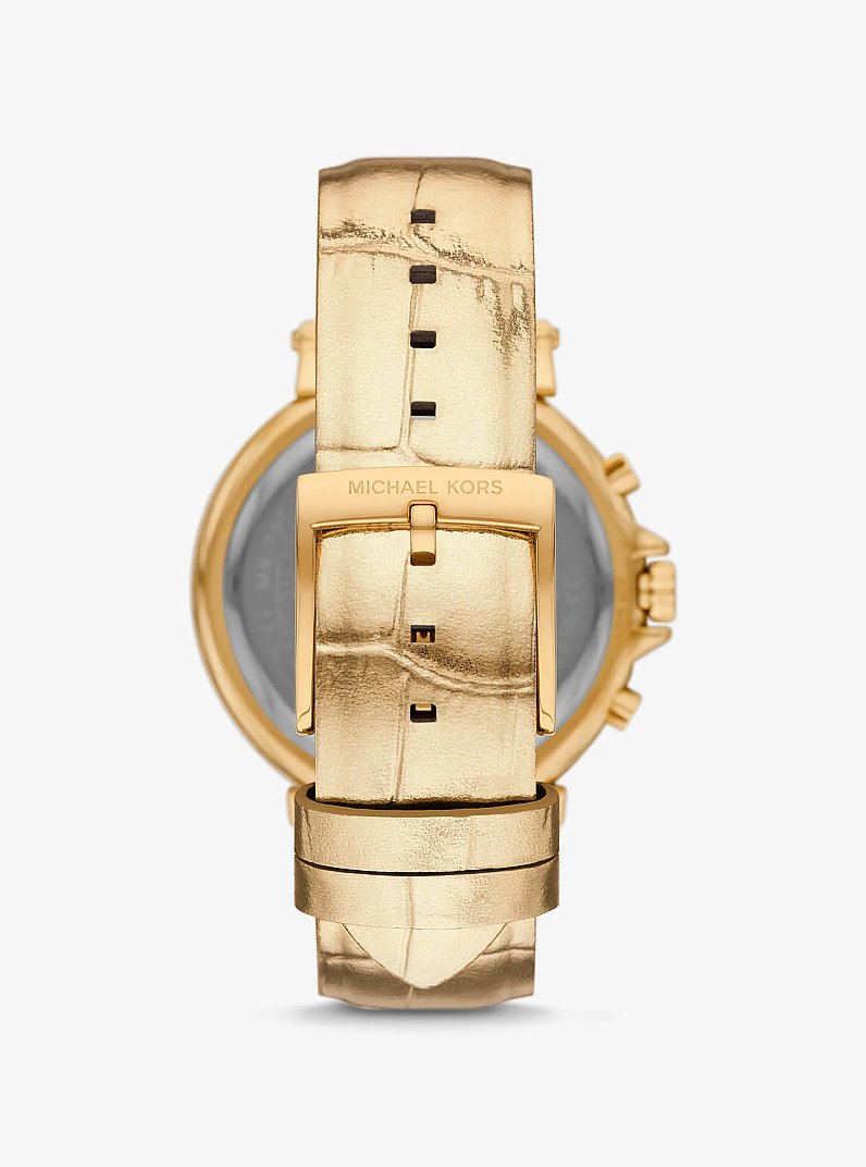 Oversized Maren Gold-Tone and Metallic Crocodile Embossed Leather Watch in GOLD | Michael Kors