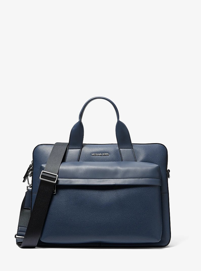 Pacey Medium Pebbled Leather Pocket Briefcase in NAVY | Michael Kors