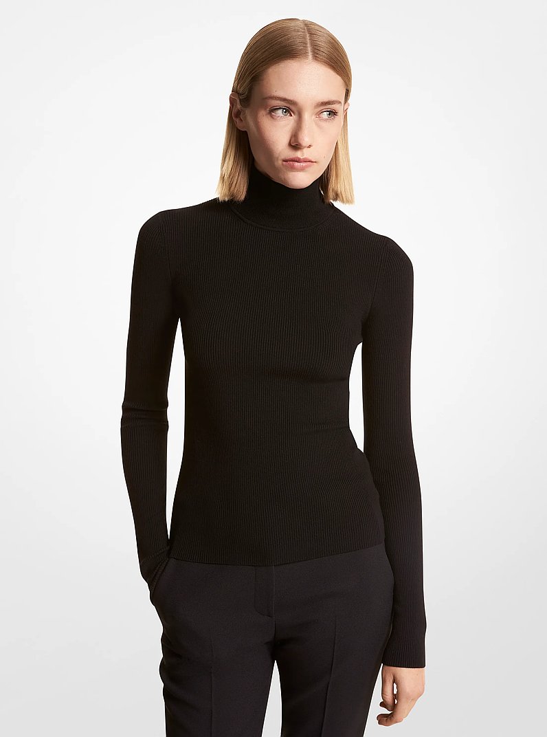 Ribbed Stretch Merino Wool Turtleneck Sweater in BLACK | Michael Kors
