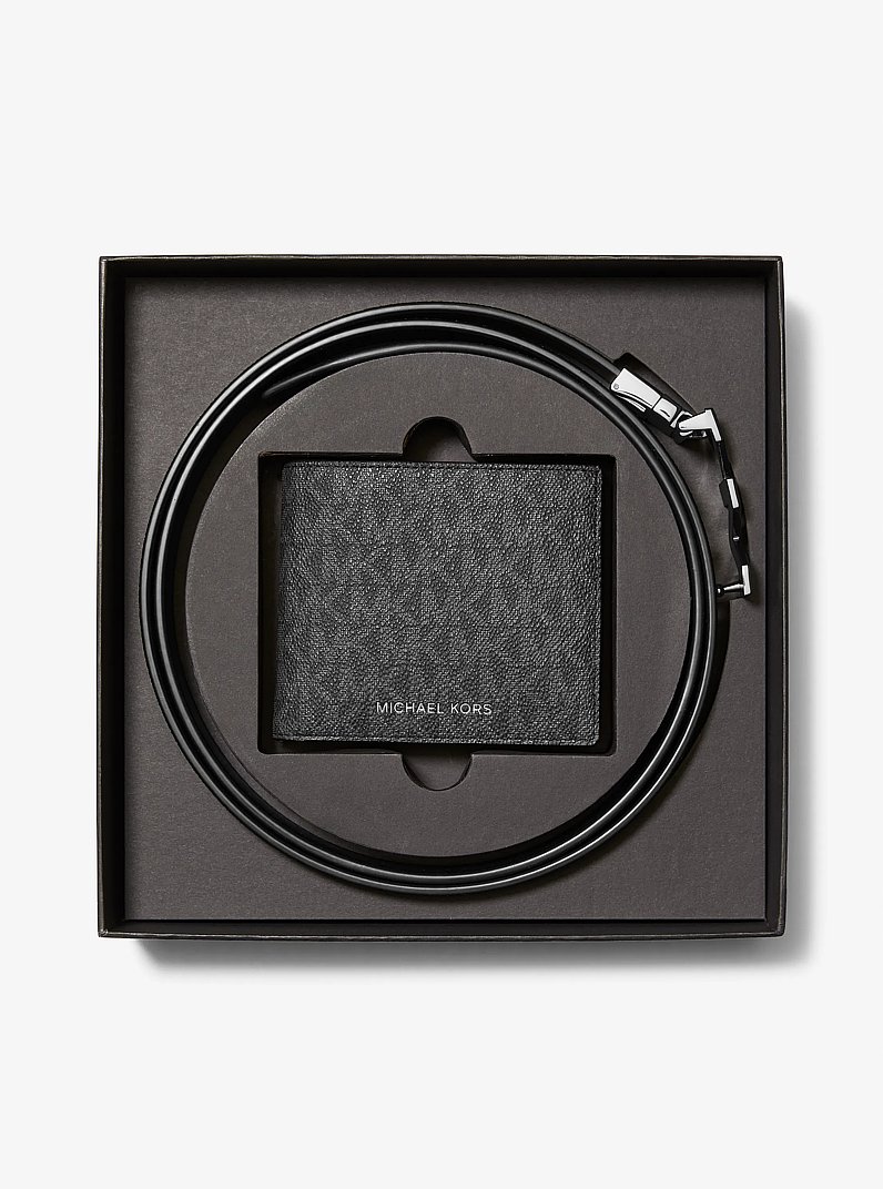 Signature Logo Wallet and Reversible Belt Gift Set in BLACK | Michael Kors