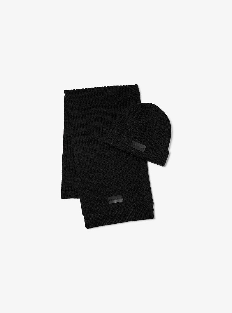 Ribbed Knit Beanie Hat and Scarf Set in BLACK | Michael Kors