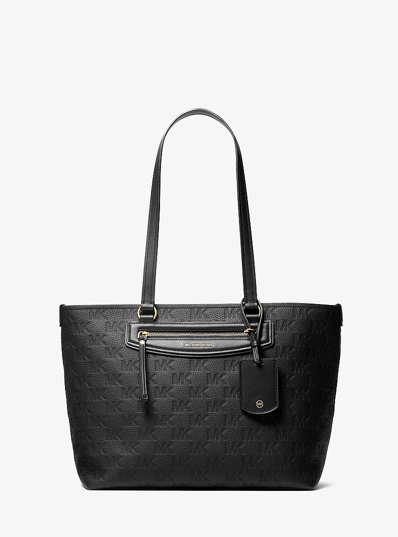Jet Set Travel Medium Logo Embossed Leather Tote Bag in BLACK | Michael Kors