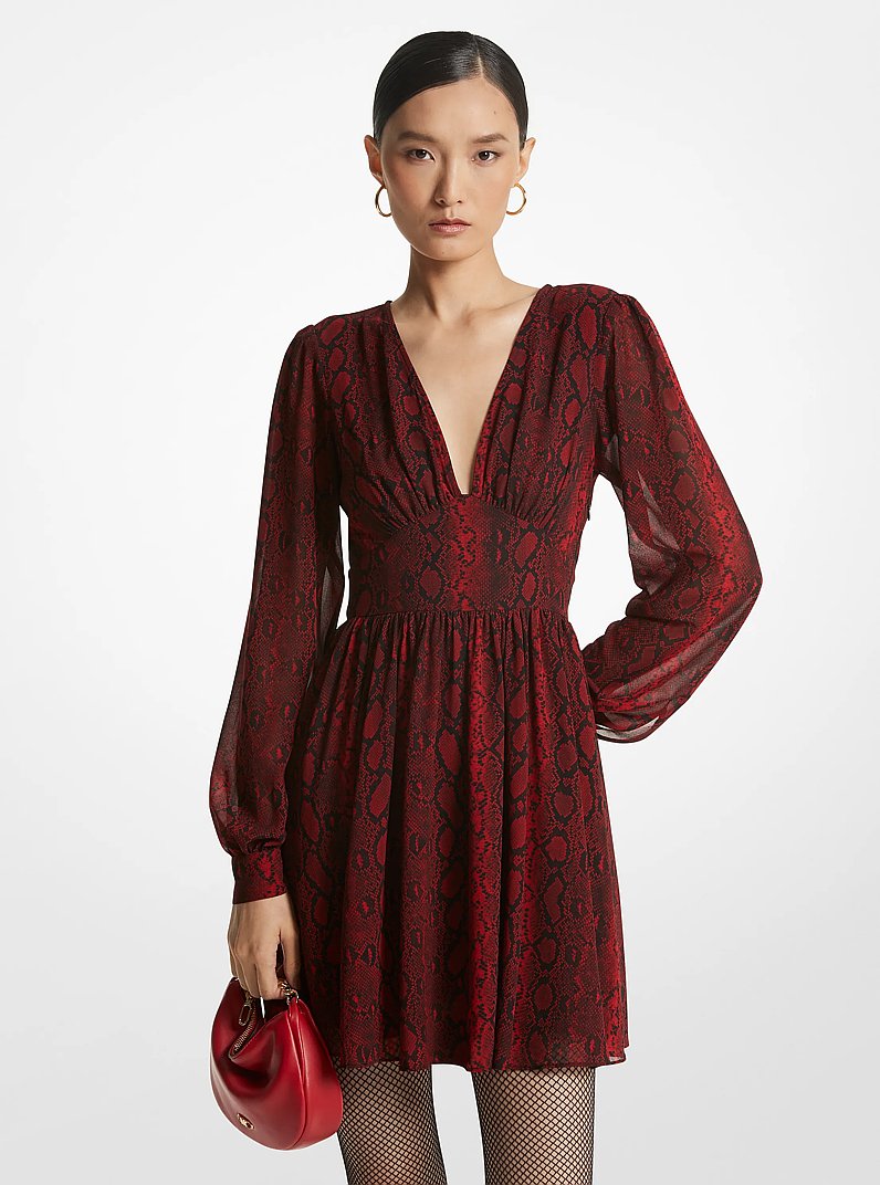 Snake Print Georgette V-Neck Dress in CRIMSON | Michael Kors