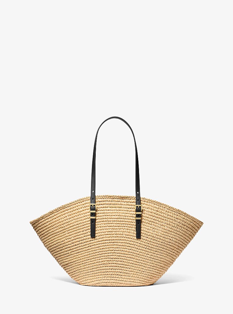 Isa Large Hand-Crocheted Straw Tote Bag in NATURAL/BLACK | Michael Kors