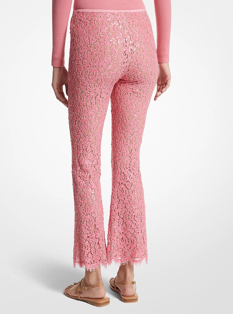 Hand-Embroidered Sequin Floral Lace Cropped Pants in GERANIUM | Michael Kors
