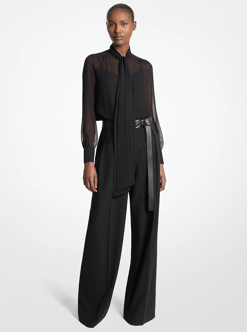 Washed Silk Chiffon Tie-Neck Blouse in BLACK - Sale | Michael Kors
