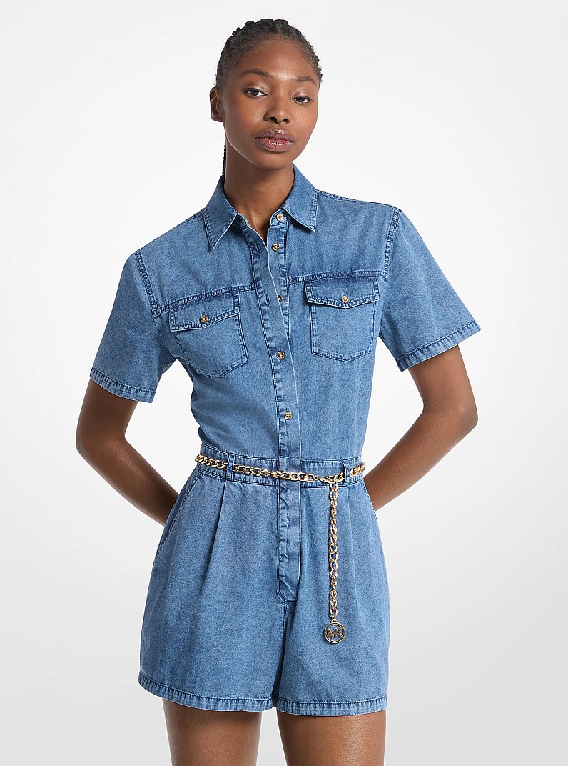 Denim Belted Romper in DUSK BLUE WASH | Michael Kors