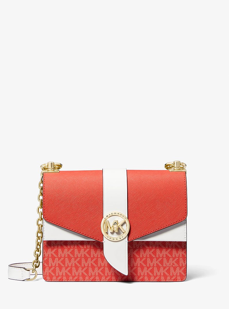 Greenwich Small Color-Block Logo and Saffiano Leather Crossbody Bag in SPICED CORAL MULTI | Michael Kors