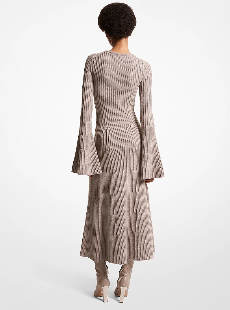 Ribbed Stretch Cashmere Flare-Sleeve Dress in TAUPE MELANGE | Michael Kors