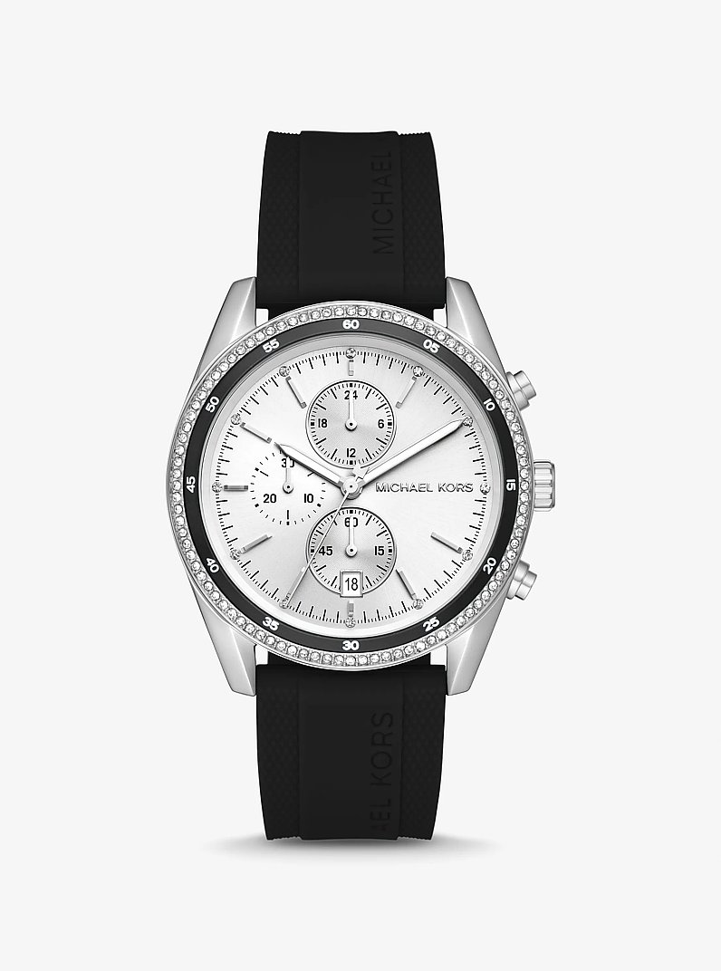 Oversized Hadyn Pav&eacute; Silver-Tone Watch in BLACK | Michael Kors