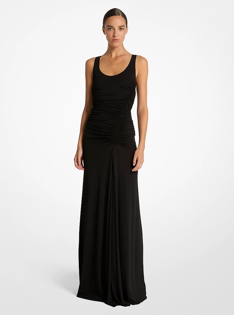 Stretch Matte Jersey Ruched Tank Gown in BLACK | Michael Kors