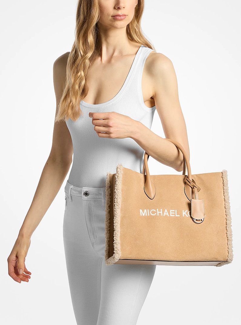 Mirella Medium Suede and Faux Shearling Tote Bag in PEANUT | Michael Kors