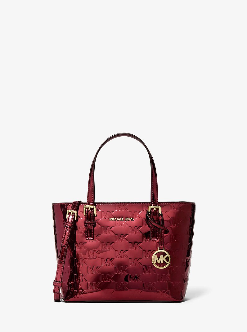 Jet Set Extra-Small Metallic Logo Debossed Convertible Tote Bag in CHERRY | Michael Kors