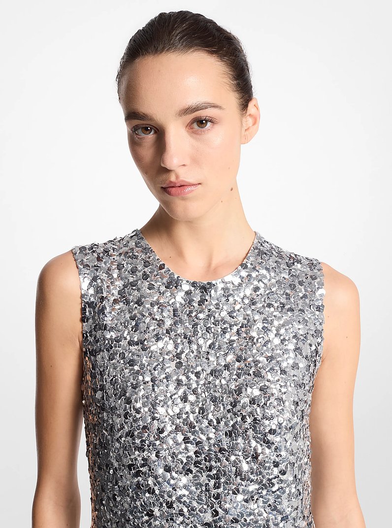 Hand-Embroidered Sequin Silk Georgette Shift Dress in GRIS PERLE | Michael Kors