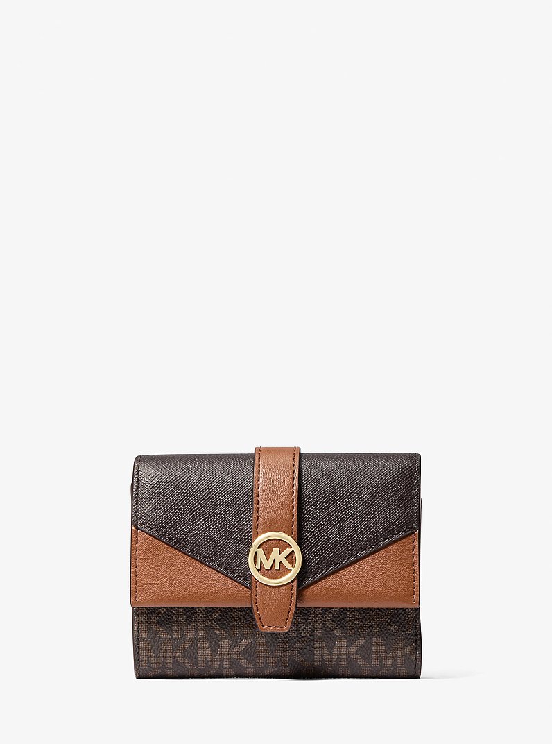 Greenwich Medium Signature Logo Trifold Wallet in BROWN | Michael Kors