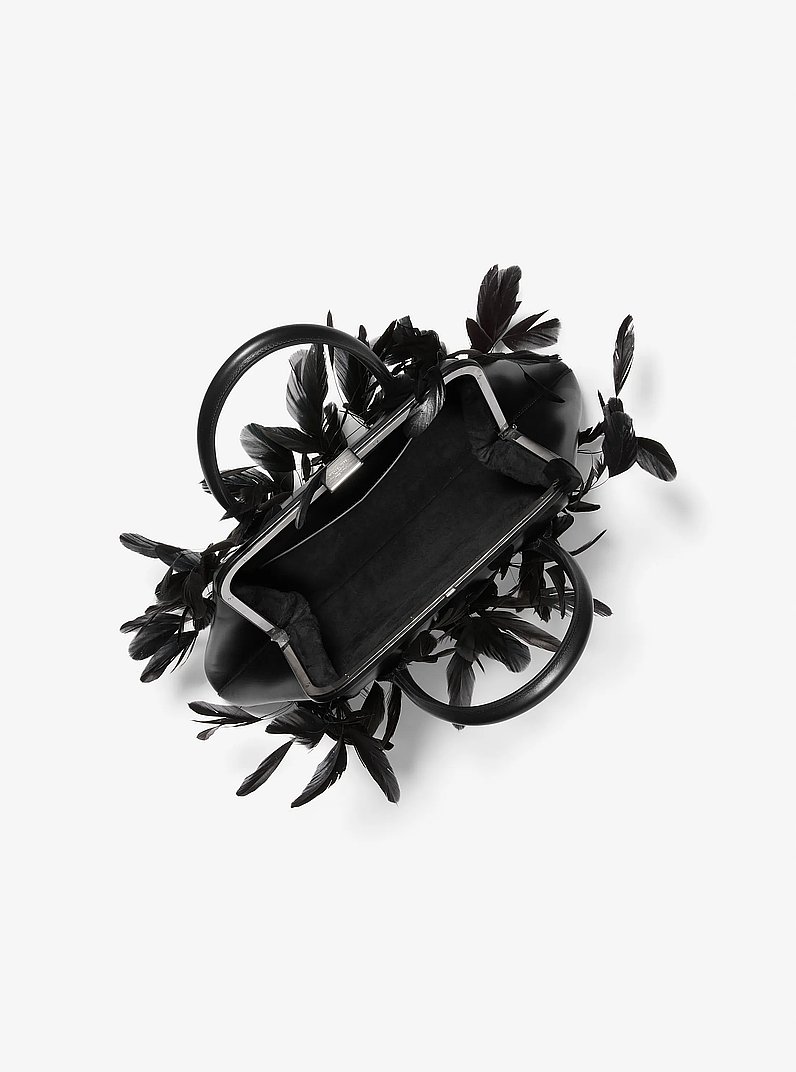 Sofia Large Hand-Embroidered Feather Leather Frame Satchel in BLACK | Michael Kors