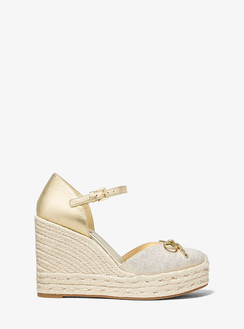 Nori Metallic Leather and Linen Wedge Espadrille