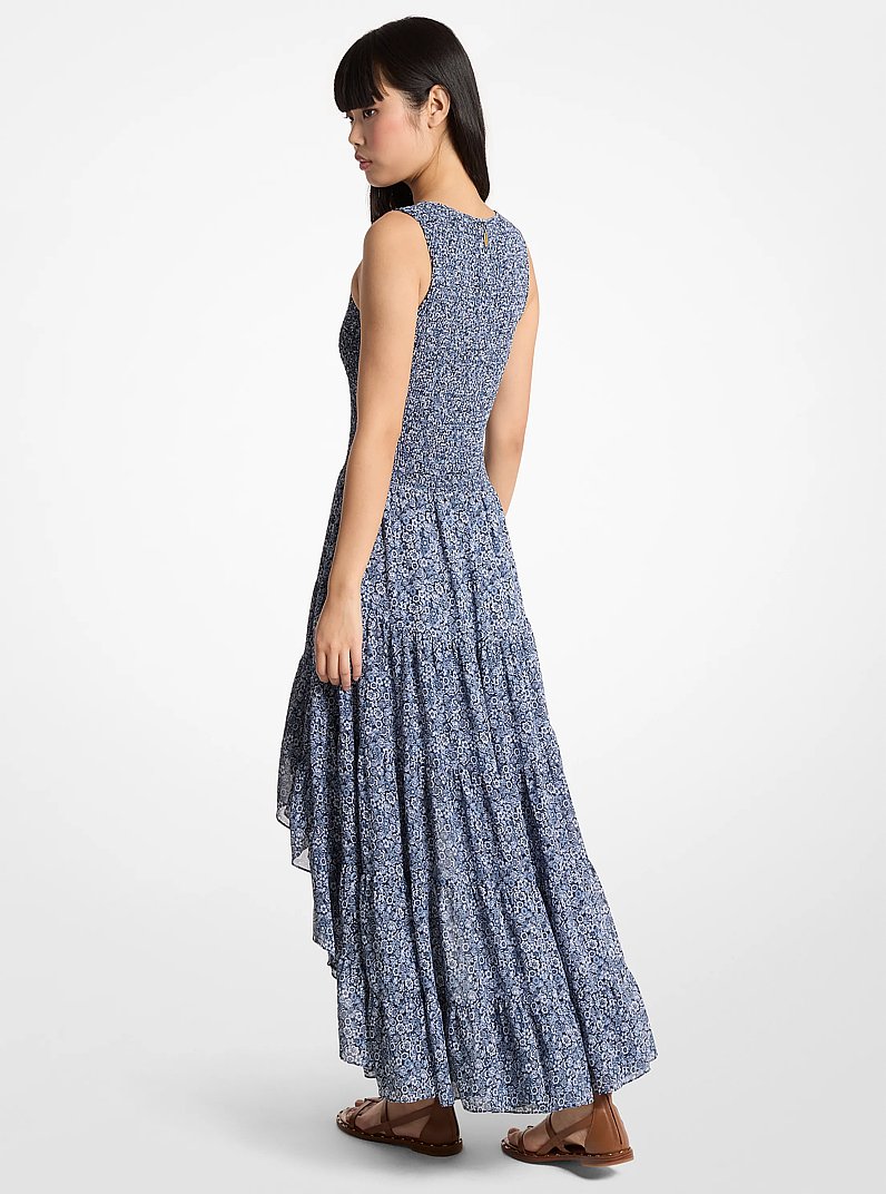 Robe asym&eacute;trique smock&eacute;e en georgette &agrave; imprim&eacute; floral in MIDNIGHTBLUE | Michael Kors