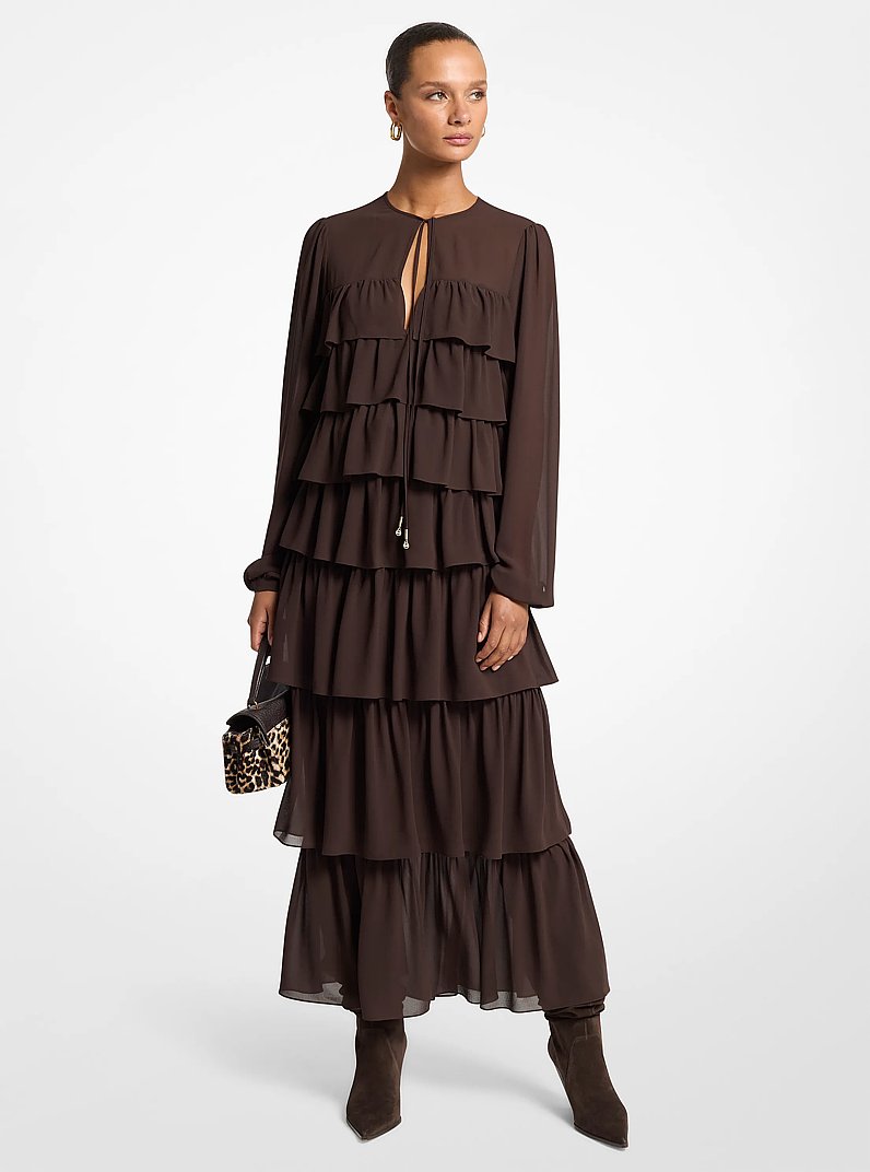 Vestido de georgette largo con volantes in CHOCOLATE | Michael Kors