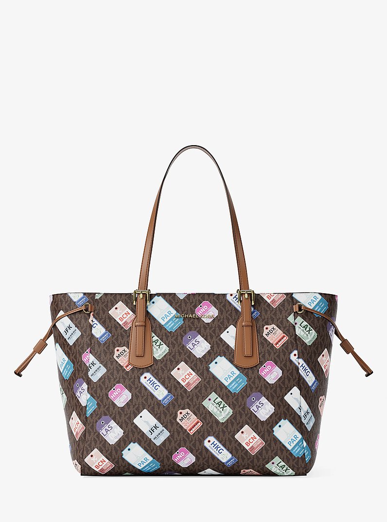 Voyager Large Printed Signature Logo Tote Bag in BROWN | Michael Kors