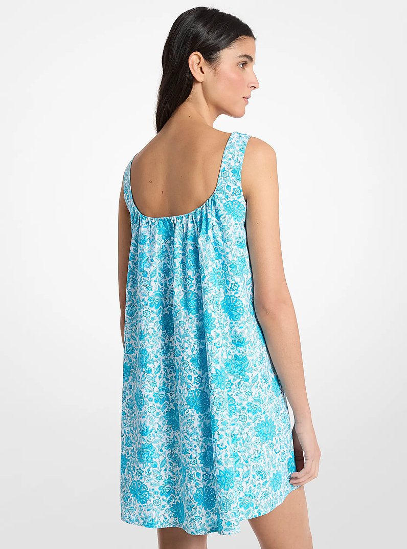 Floral Print Cotton Poplin Mini Dress in MILOS BLUE | Michael Kors