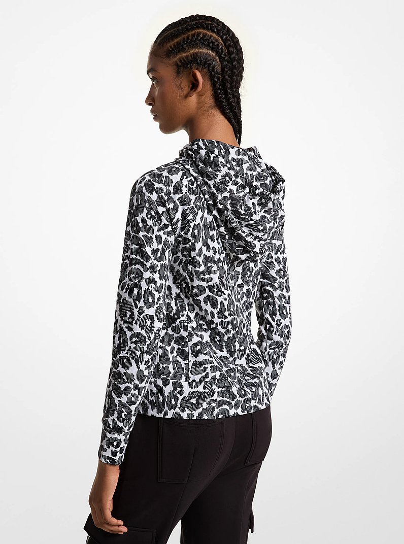 Leopard Logo Stretch Recycled Nylon Zip-Up Hoodie in ALUMINUM | Michael Kors