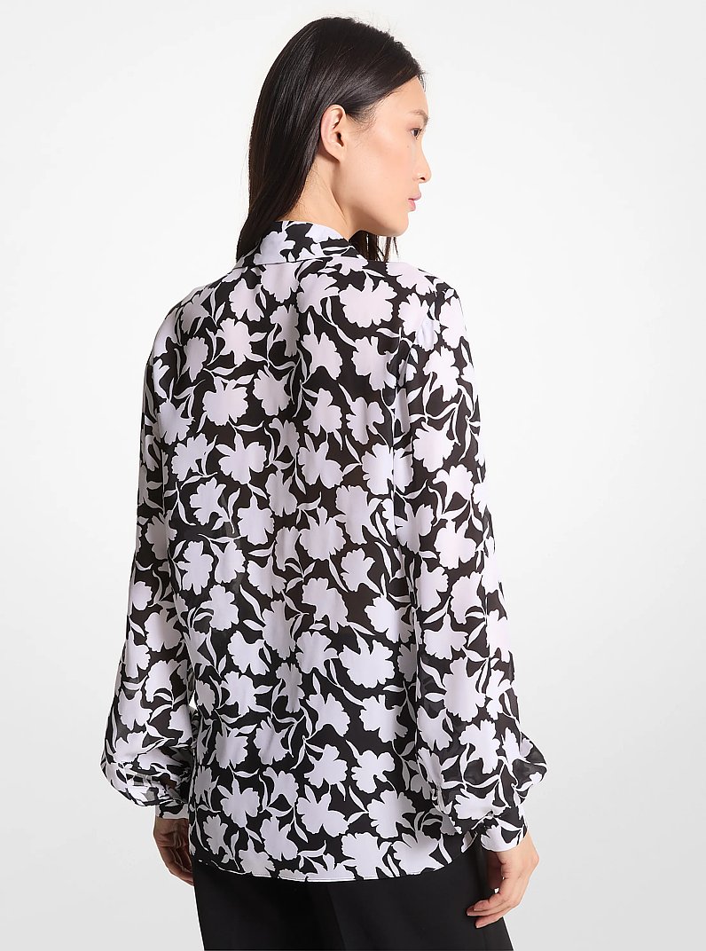 Shadow Floral Georgette Tie-Neck Blouse in BLACK/WHITE | Michael Kors