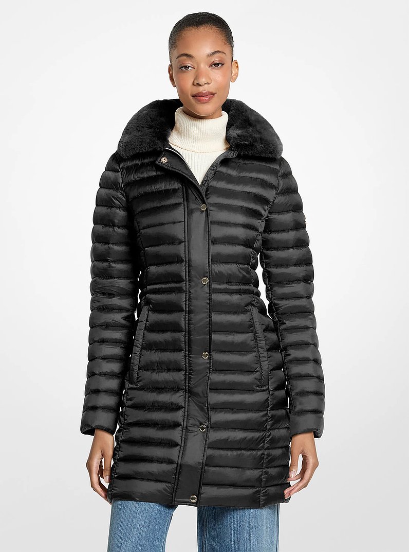 Packable Faux Fur Trim Quilted Nylon Puffer Coat in BLACK | Michael Kors