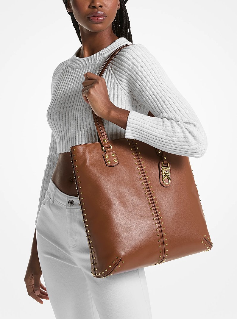 Astor Large Studded Leather Tote Bag in LUGGAGE | Michael Kors