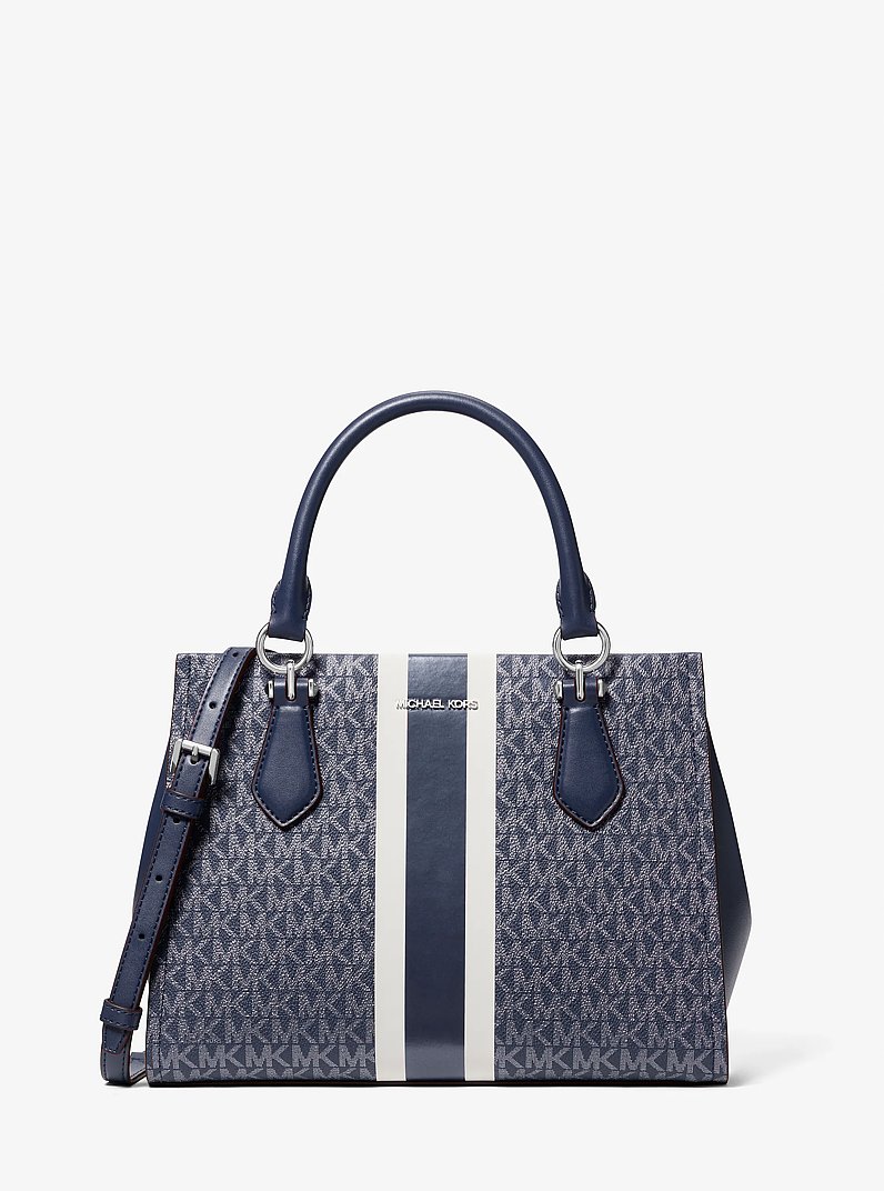 Marilyn Medium Signature Logo Stripe Satchel in NAVY | Michael Kors